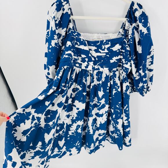 Abercrombie & Fitch Blue White Emerson Smocked Poplin Puff Sleeve Mini Dress XL - Picture 7 of 9